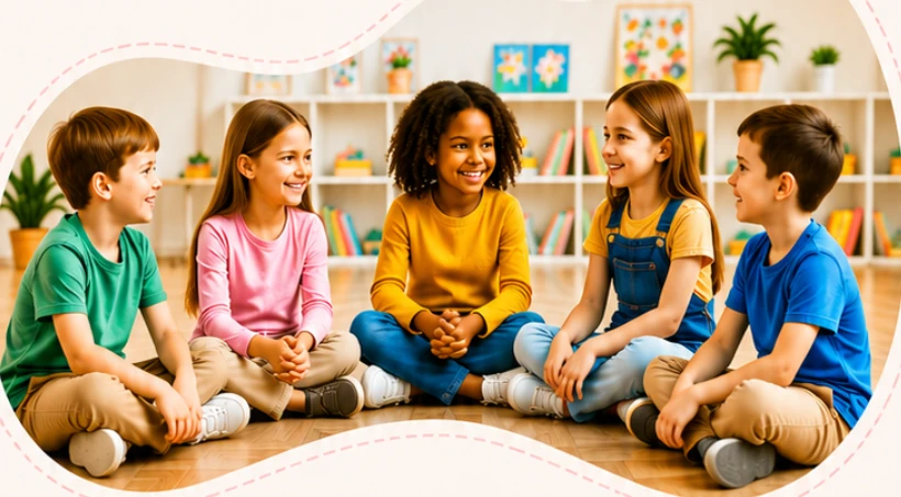 Cinco crianças sentadas em roda no chão de uma sala colorida, sorrindo e conversando